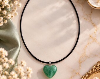Black cord necklace with green heart pendant, romantic necklace, costume jewelry, gift idea for women