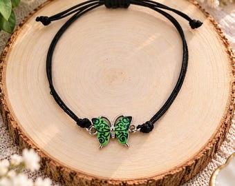 Green and black butterfly bracelet, adjustable black cord, original costume jewelry, gift idea for women