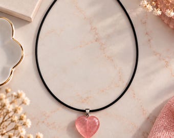 Black cord necklace with pink heart pendant, romantic necklace, costume jewelry, gift idea for women