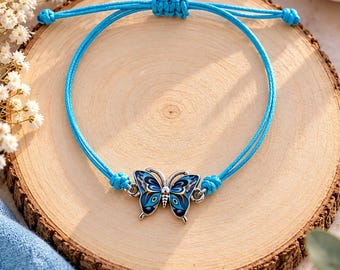 Turquoise blue butterfly bracelet, adjustable cord, costume jewelry, gift for women