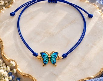 Turquoise Blue Butterfly Bracelet with Royal Blue Cord, Women's Fashion Jewelry, Adjustable Bracelet, Original Gift Idea