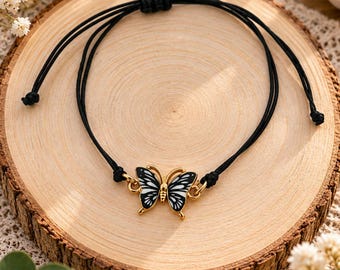 Black and Gold Butterfly Bracelet on Adjustable Black Cord, Women's Fashion Jewelry, Original Gift Idea