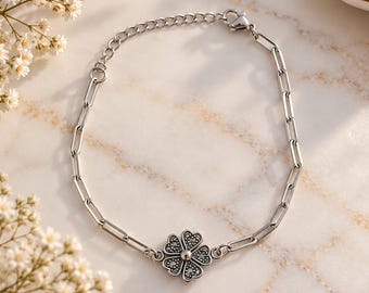 Four-leaf clover bracelet, silver stainless steel chain, link bracelet, gift idea for women