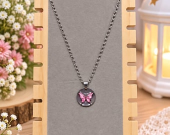 Pink and silver butterfly necklace – Stainless steel chain, pink butterfly pendant, women's fashion jewelry, gift idea