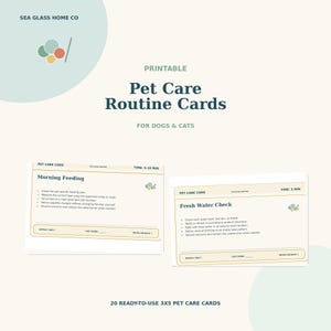 May include: A set of printable pet care routine cards for dogs and cats by Sea Glass Home Co. The cards feature a cream background with dark blue text, including Morning Feeding and Fresh Water Check tasks, with 20 ready-to-use 3x5 inch cards.