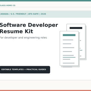 May include: A Software Developer Resume Kit by SEAGLASS HOME CO featuring editable templates and practical guides. The document includes text stating Canada / U.S. Friendly, ATS-Safe, 2026, and for developer and engineering roles with icons.