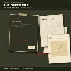 May include: A printable mystery case file titled The Green File, Incident at Blackridge. Includes a dark green folder cover, a radar plotting sheet with circular grid, and a Sector 12 detail sheet with a diagonal line and grid map.