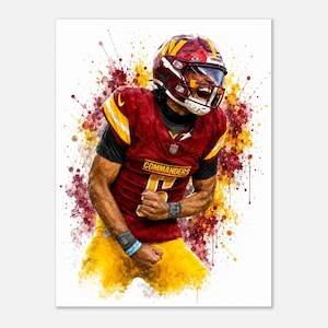 May include: A watercolour-style art print depicting a football player in a burgundy and gold Commanders jersey with the number 6, wearing a matching helmet and shouting with excitement, set against a vibrant burgundy and yellow paint splatter background.