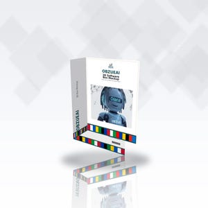 以下が含まれることがあります： OBZUEAI 3D Software Box Mockupというテキストが記載された白い3Dソフトウェアボックスのモックアップ。前面には胸にOBZUEという文字が入った青いロボットのキャラクターが描かれています。赤、黄、緑、青の小さな正方形のカラフルな縁取りが底面に施されています。