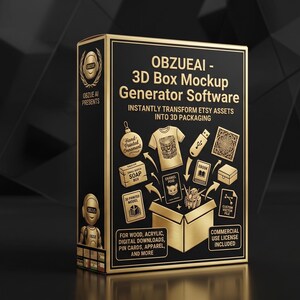 Puede incluir: Una caja de software rectangular negra con bordes dorados y el texto OBZUEAI - 3D Box Mockup Generator Software. El frente presenta iconos dorados de varios productos saliendo de una caja abierta, con texto adicional detallando características.