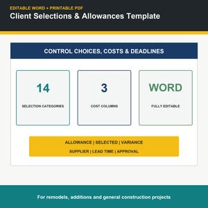 May include: A digital template titled Client Selections & Allowances Template featuring 14 selection categories, 3 cost columns, and fully editable Word format. The layout includes sections for allowance, selected, variance, supplier, lead time, and approval.