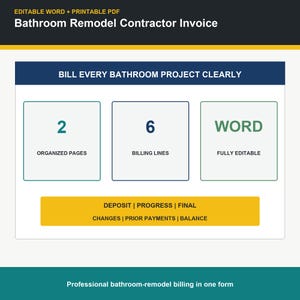 May include: A digital bathroom remodel contractor invoice template featuring the text Editable Word + Printable PDF, Bathroom Remodel Contractor Invoice, Bill Every Bathroom Project Clearly, 2 Organized Pages, 6 Billing Lines, Word Fully Editable, and Deposit, Progress, Final, Changes, Prior Payments, Balance.