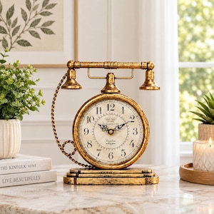 May include: A gold-toned table clock designed to resemble a vintage telephone. The round clock face features black Arabic numerals, ornate black hands, and the text "FAMILY" and "London 1868" printed in the center. It has a distressed finish.