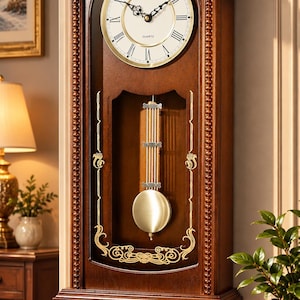 Può includere: Un orologio da parete in legno con finitura marrone scuro, dotato di un quadrante rotondo con numeri romani neri e la parola QUARTZ stampata al centro. Un pendolo color oro pende dietro un pannello di vetro con decorazioni dorate.