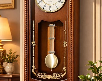 May include: A wall-mounted wooden clock with a dark brown finish, featuring a round face with black Roman numerals and the word QUARTZ printed in the center. A gold-colored pendulum hangs behind a glass panel with gold decorative accents.