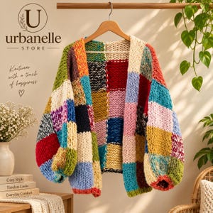 Cardigã patchwork tricotado à mão, suéter grosso e colorido, jaqueta de tricô oversized e aconchegante.