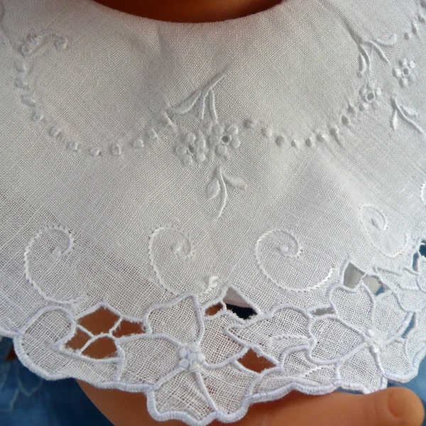 Antique Baby Clothing - Christening/Baptismal Bib - Infant Hand Embroidered Bib - French Baby Collar - White Madeira Bib - Dolls Clothing