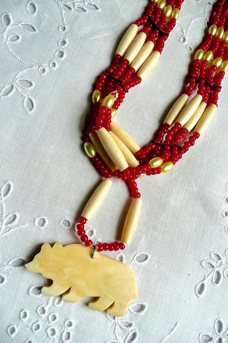 Tribal Womans Necklace Vintage Necklace Native Alaskan Jewelry Beaded Necklace Jewellry Hand Carved Necklace Long Necklace