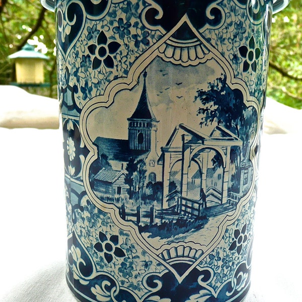 Boite Vintage - Delft Blue Box Delft décoratif Tin - bleu et blanc boîte à Biscuit - Village et scènes pastorales - boite à rangement rond haut -
