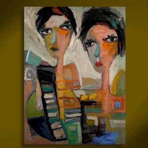 May include: Abstract painting of two stylized faces with colorful geometric shapes and patterns. The faces are painted in shades of blue, green, orange, and red.