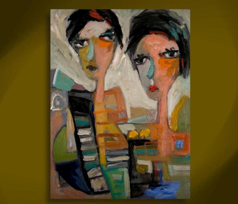 May include: Abstract painting of two stylized faces with colorful geometric shapes and patterns. The faces are painted in shades of blue, green, orange, and red.