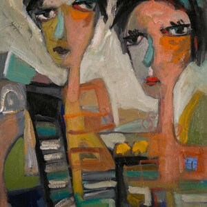 May include: Abstract painting of two people with colorful faces and black hair. The background is a mix of green, blue, and brown.
