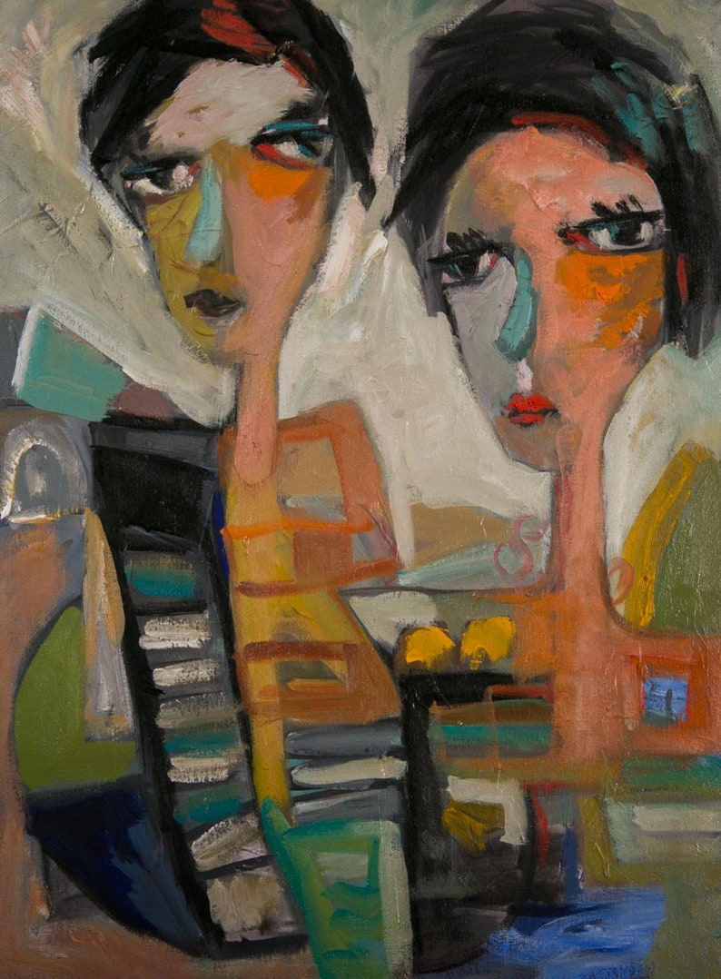 May include: Abstract painting of two people with colorful faces and black hair. The background is a mix of green, blue, and brown.