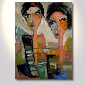 May include: Abstract painting of two people with colorful faces and bodies. The painting is done in a loose style with bold brushstrokes and vibrant colors.