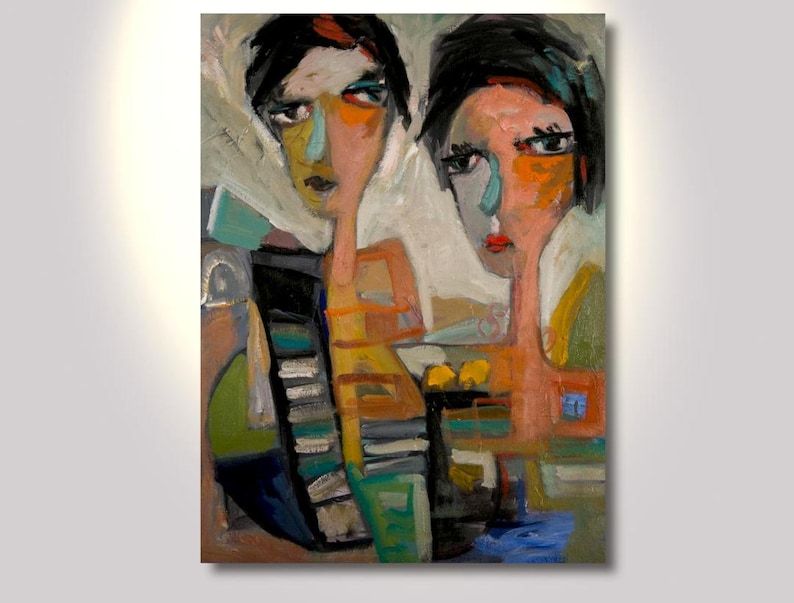 May include: Abstract painting of two people with colorful faces and bodies. The painting is done in a loose style with bold brushstrokes and vibrant colors.