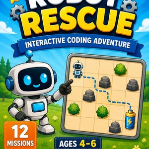 May include: A Robot Rescue interactive coding adventure game box cover featuring a white robot pointing at a grid board with rocks, bushes, and a battery. The text reads Robot Rescue, Interactive Coding Adventure, 12 Missions, Ages 4-6, No Printing, No Cutting, Just Open & Play.