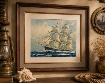 Framed Painting of a Clipper Ship in Rough Seas