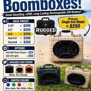 May include: A tan, rugged, rectangular portable speaker case with a black 6x9 speaker grille and handle. The image includes text: Custom Built Boomboxes, Rugged Sound Co., and lists options for case colours including black, tan, and orange.
