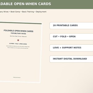 May include: A set of 20 printable foldable open-when cards for military wives, featuring text for boot camp, basic training, and deployment. The design includes instructions to cut, fold, and open, with space for love and support notes as a digital download.
