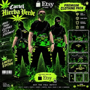 Puede incluir: Un paquete de ropa digital que incluye una camiseta negra, pantalones, bolsa de deporte, máscara y bandana con patrones de humo verde neón y el texto Cartel Hierba Verde. El conjunto incluye un chaleco táctico, guantes negros y zapatillas deportivas.