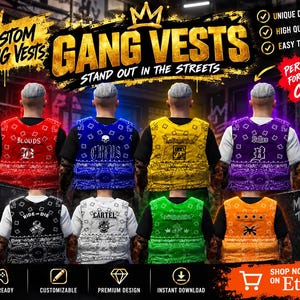 Op de afbeelding: Een collectie van acht mouwloze vesten in diverse kleuren, waaronder rood, blauw, geel, paars, zwart, wit, groen en oranje. Elk vest is voorzien van een bandana-patroon, aangepaste tekst en grafische iconen op de achterzijde.
