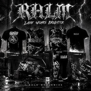 May include: A collection of black apparel and accessories featuring white lightning patterns and RHLM branding. Items include a mask, two t-shirts, two vests, a bag, pants, and socks. Text includes RHLM, Not Just Clothes A Mindset, Chaos Creates Style, Same Darkness New Fits, and Wear The Chaos.