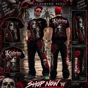 Könnte beinhalten: Ein schwarzes Bekleidungsset bestehend aus einem T-Shirt und einer Hose mit grafischen Drucken einer Figur mit Totenkopfgesicht, roten Rosen und dem Schriftzug Katrina. Das Set zeigt Vorder- und Rückansichten sowie seitliche Details.