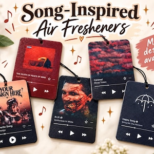 May include: Five rectangular hanging air fresheners featuring music player interface designs. The fresheners display various album art, song titles, and artist names including Bad Omens, Sleep Token, Motionless In White, and Bring Me The Horizon.
