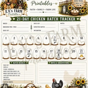 Puede incluir: Un rastreador imprimible de eclosión de pollos de 21 días con temática de granja, ilustrado con perros, girasoles, una cesta de huevos y una gallina. Incluye campos para datos de cría, seguimiento diario de huevos, resultados y notas de observación.