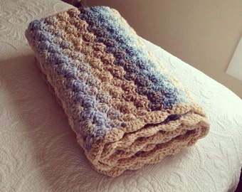 Double thick blues, creams and tans Shell Crochet Baby Blanket,  Crib Size.