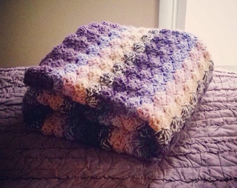 Double thick Purplicious Purples and pinks Crochet Baby Blanket,  lap size.