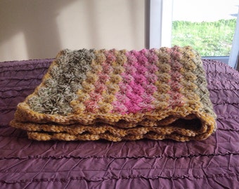 Double thick Strawberry Pink, Mustard Yellow, Sage and Olive Green Shell Crochet Baby Blanket,  Crib Size.