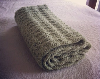 Light Olive Green Shell Crochet Baby Blanket with Scalloped edging, Crib Size  blanket.