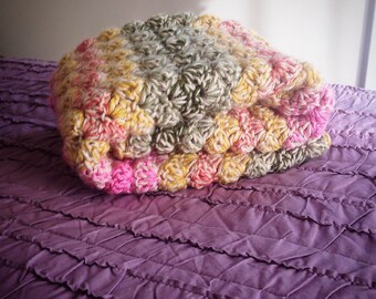 Double thick Strawberry Pink, Mustard Yellow, Sage and Olive Green Crochet Baby Blanket,  lap size.