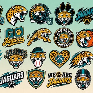 May include: A collection of twenty jaguar-themed sports logos featuring various illustrations of jaguars, paw prints, and sports equipment like footballs, baseballs, and helmets. The designs include text such as JAGUARS, GO JAGUARS, and WE ARE JAGUARS.