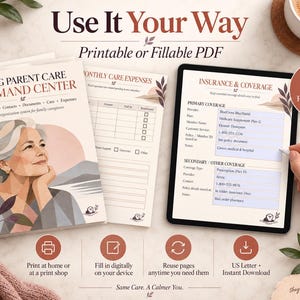 May include: An Aging Parent Care Command Center digital planner set featuring a cover with an illustration of an older person, a Monthly Care Expenses sheet, and an Insurance & Coverage form displayed on a tablet with a stylus for digital input.