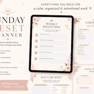 Puede incluir: Un conjunto de plantillas digitales Sunday Reset Planner que incluye una tableta con una página de reflexión semanal, junto con hojas impresas para una lista de verificación, autocuidado y prioridades semanales en tonos rosa y beige.