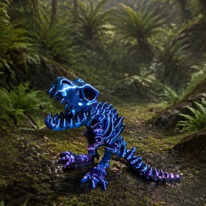 Puede incluir: Una figura de esqueleto de dinosaurio en azul y morado metálico con acabado brillante, que presenta un cráneo detallado, dientes afilados y una cola segmentada, situada en un entorno de selva prehistórica exuberante con un volcán humeante.