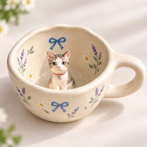May include: A cream-colored ceramic mug featuring a three-dimensional tabby cat figurine at the base. The exterior and interior are decorated with painted blue bows, white daisies, and purple lavender sprigs. The cat wears a red collar with a bell.