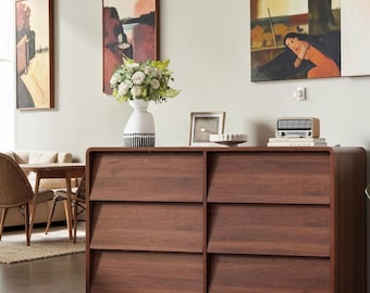 Walnut Modern Six Drawer Dresser Handle Free Curved Edge Bedroom Storage Chest Organizer